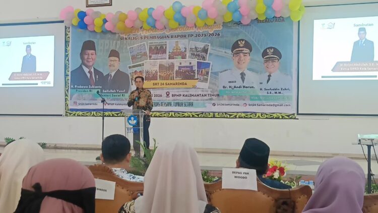 Ketua DPRD Samarinda, Helmi Abdullah, saat memberkan sanbutan di kegiatan Open House SRT 24 Samarinda yang digelar di kawasan Balai Penjaminan Mutu Pendidikan (BPMP) Kalimantan Timur, Jalan Cipto Mangunkusumo Kilometer 2, Samarinda Seberang, Sabtu, 20/06/2026.