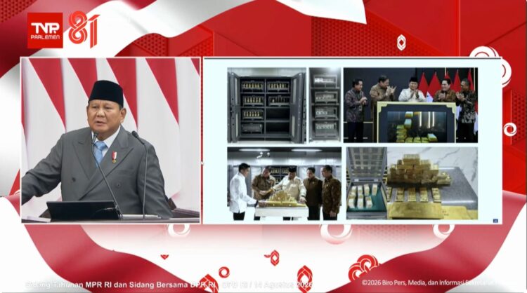 Presiden RI Prabowo Subianto menyampaikan pidato pada Sidang Tahunan MPR RI dan Sidang Bersama DPR RI-DPD RI Tahun 2026 di Kompleks Parlemen, Senayan, Jakarta, Jumat (14/8/2026). Dalam pidatonya, Prabowo menyoroti pertumbuhan laba sejumlah BUMN pada Semester I 2026, termasuk Pegadaian yang mencatat pertumbuhan laba sebesar 84,4 persen dibandingkan Semester I 2025. (Foto: Istimewa)