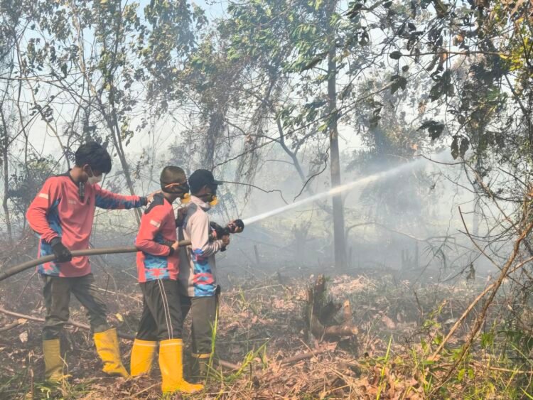 Tim dari BPBD Kukar, bekerja sama dengan tim gabungan yang terdiri dari 18 personel BPBD, Manggala Agni, serta relawan Pemadam Kebakaran setempat melakukan proses pemadaman lahan yang terbakar di kelurahan Pendingin, Kecamatan Sanga-Sanga, Kutai Kartanegara yang nyaris merembet ke pemukiman warga. (Foto: indra/sudutkata.com)